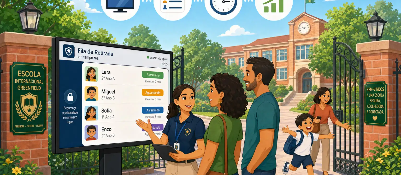 Ilustração: TV ou painel digital mostrando a fila de saída escolar em tempo real