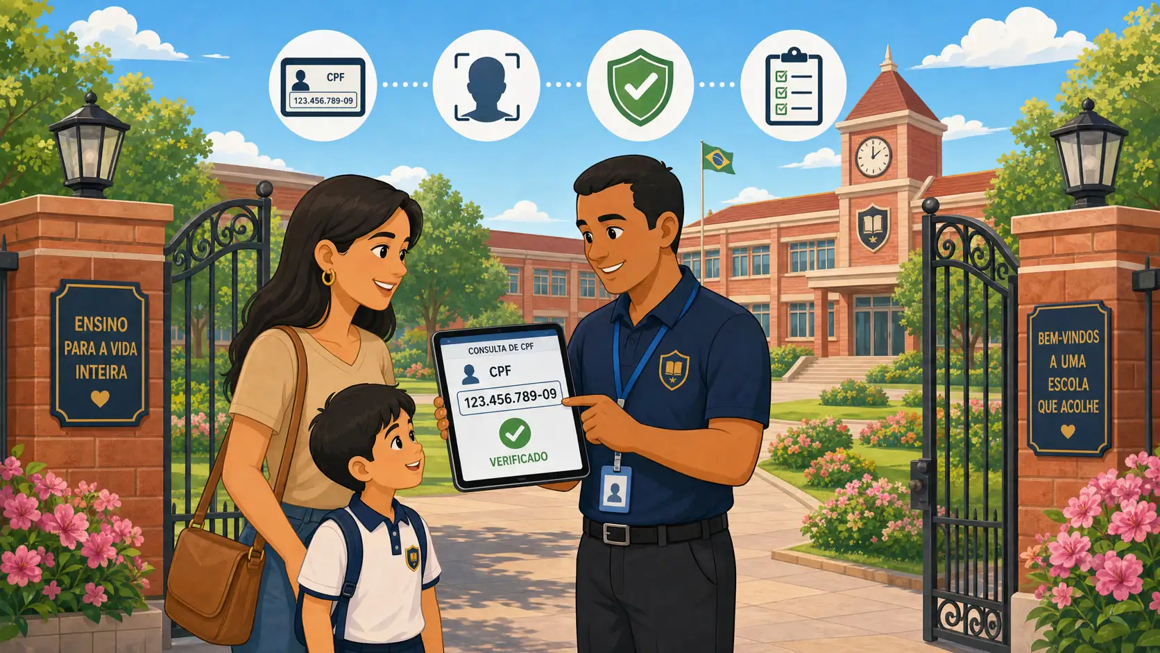 Ilustração: liberação de aluno na portaria escolar por CPF e documento, sem celular