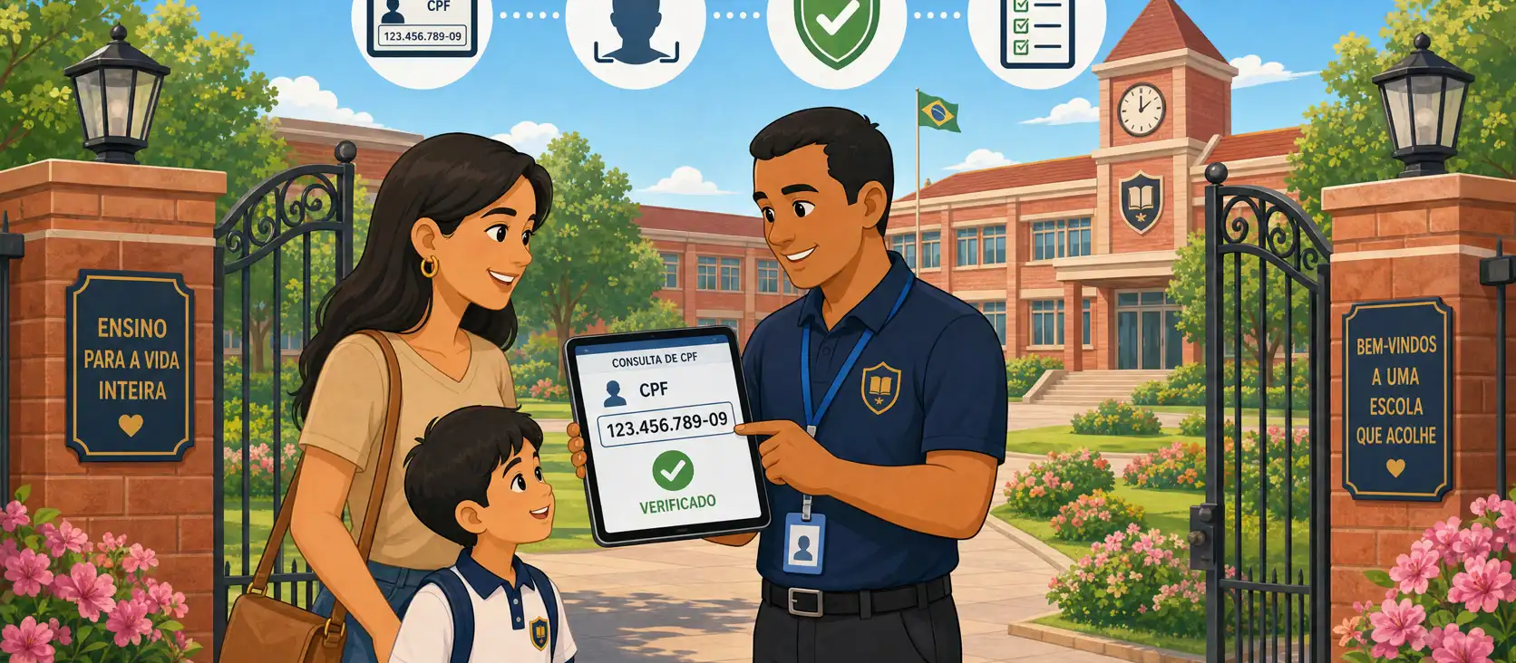 Ilustração: liberação de aluno na portaria escolar por CPF e documento, sem celular